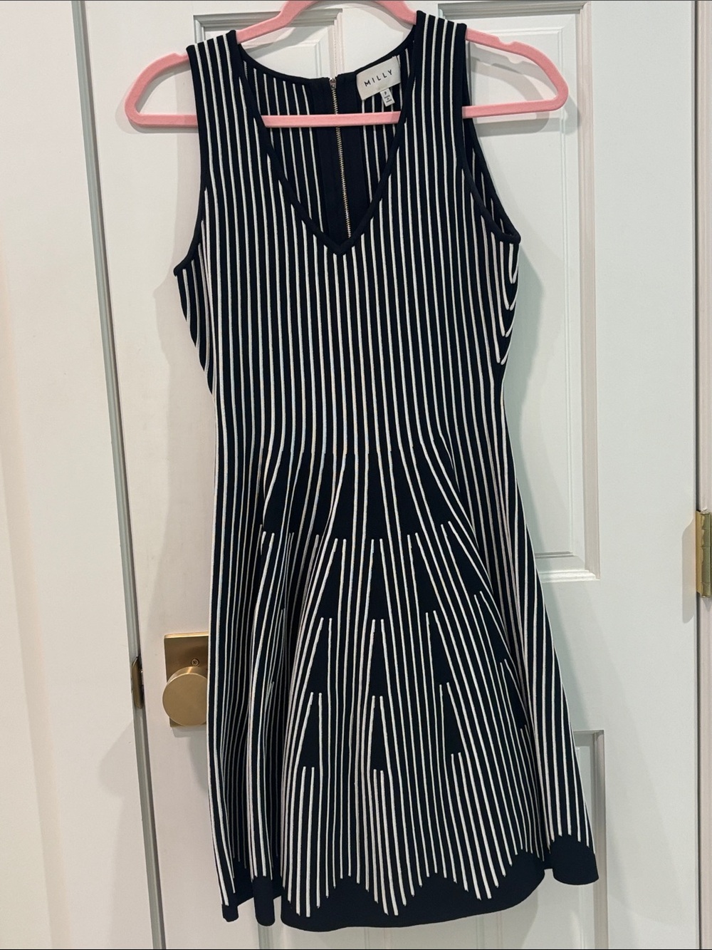 Milly Black & White Vertical-Stripe V-Neck Skater Dress